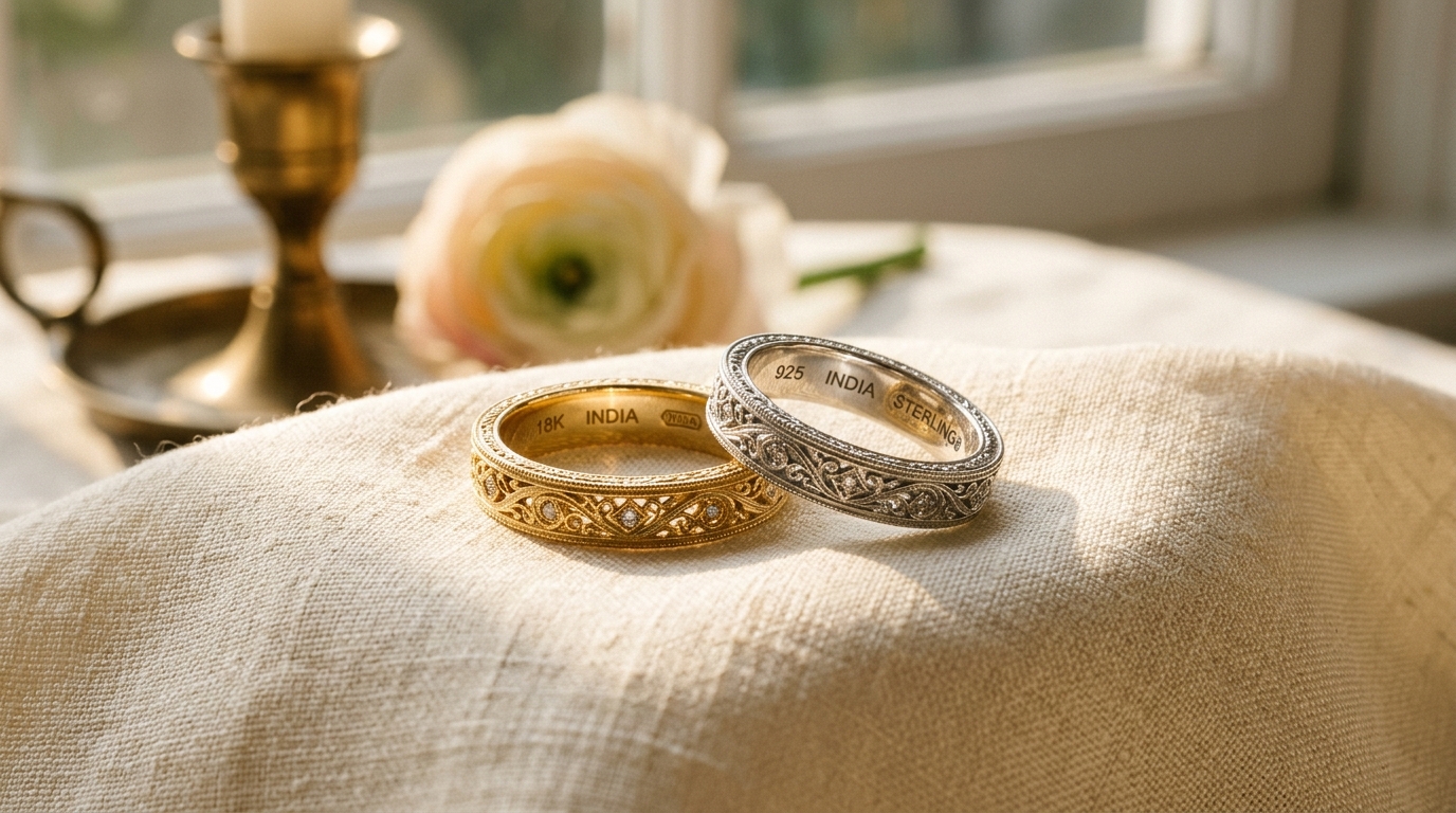 House of Jewelux Couples & Bridal Masterpieces — Two Bespoke Wedding Bands in Solid Gold and Sterling Silver